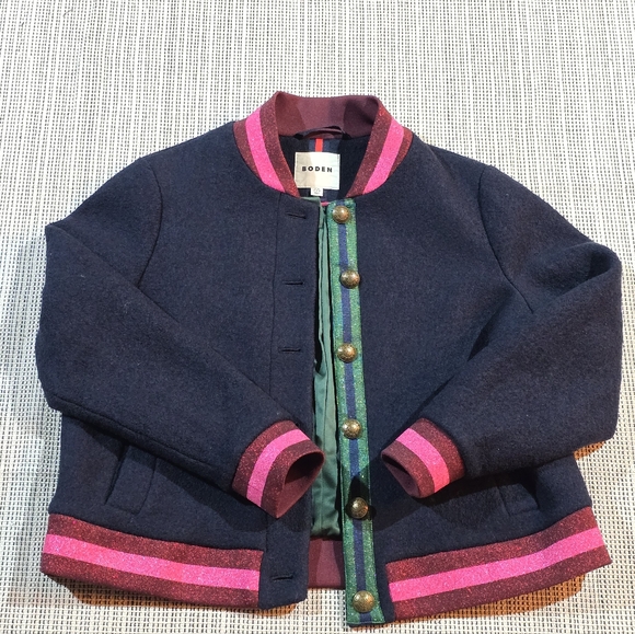 Boden Navy Boiled Wool Blend Bomber Jacket Sz 16 Preppy Academia Back To School - Picture 11 of 14